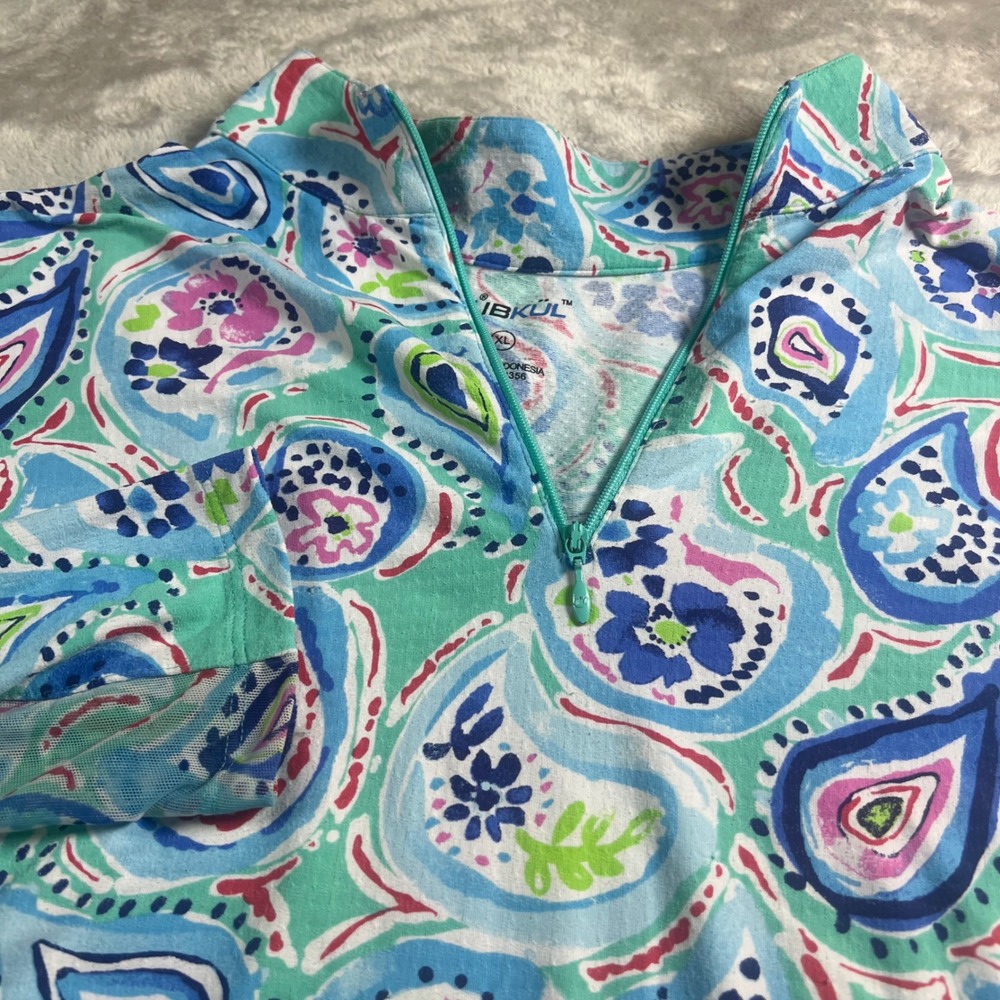 IBKÜL Women's XL Quarter Zip Pullover Blue Paisley Floral Mesh Active Pilling*